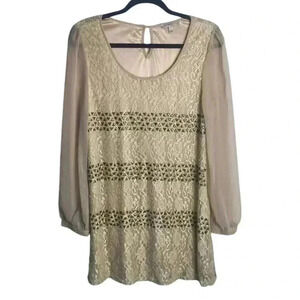 Blu Pepper Vintage Size Large Mini Dress Long Sheer Sleeves Neutral Lace Studs